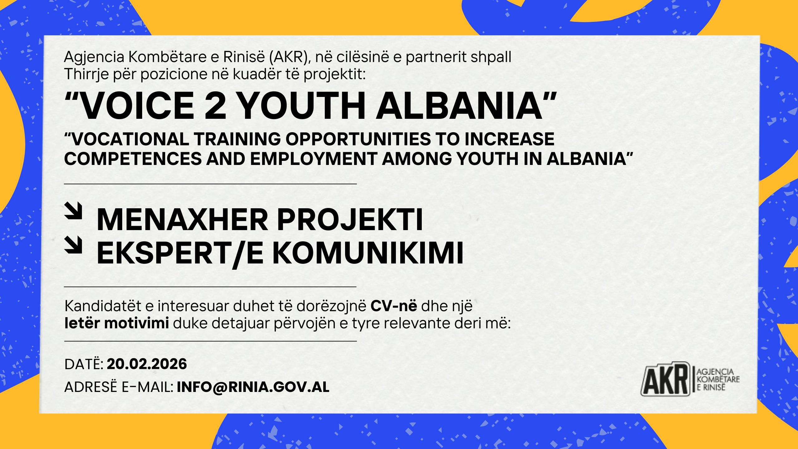 Thirrje për pozicione në kuadër të projektit VOICE 2 YOUTH ALBANIA