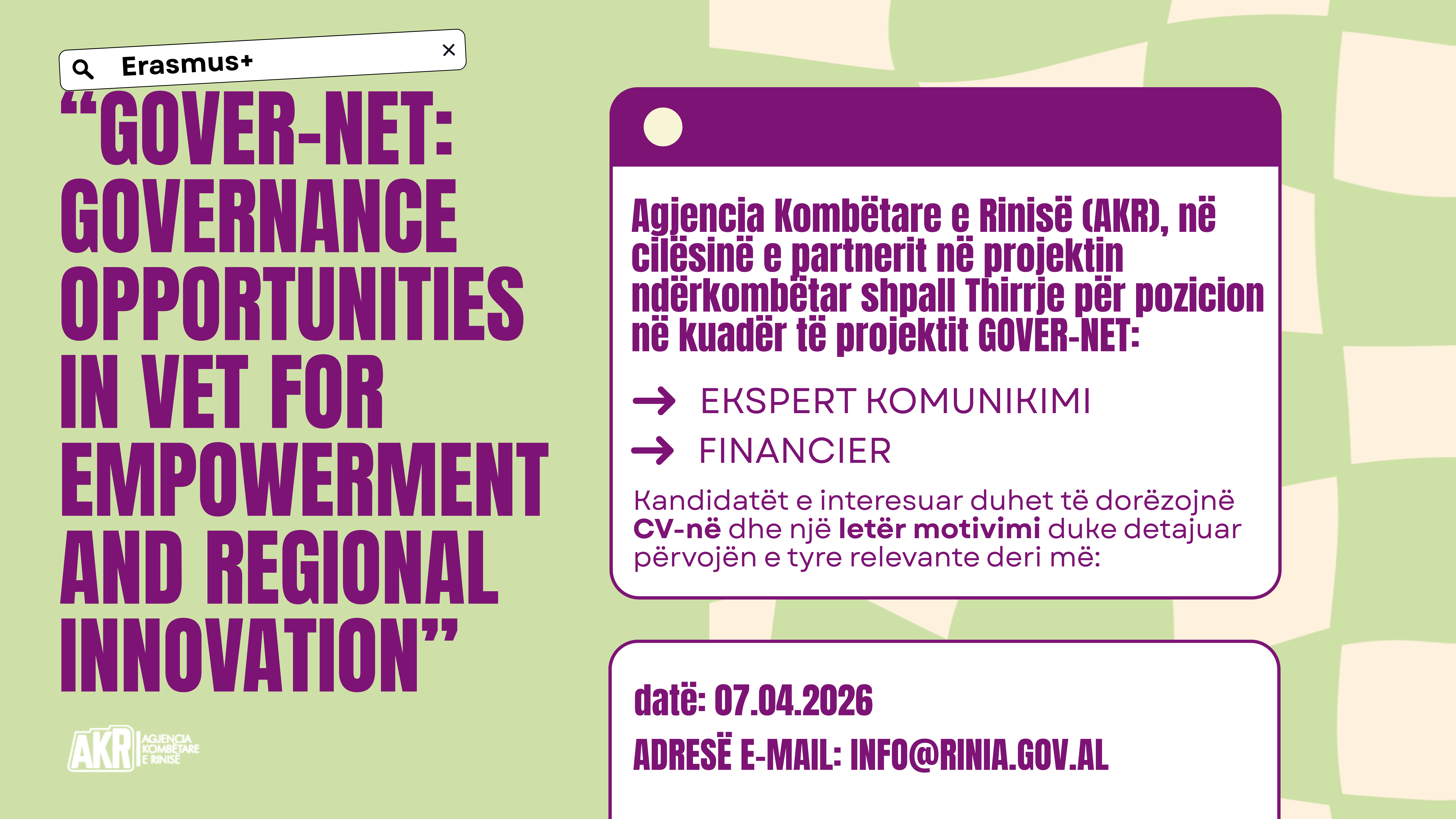 Thirrje për pozicion në kuadër të projektit GOVER-NET (Erasmus+)