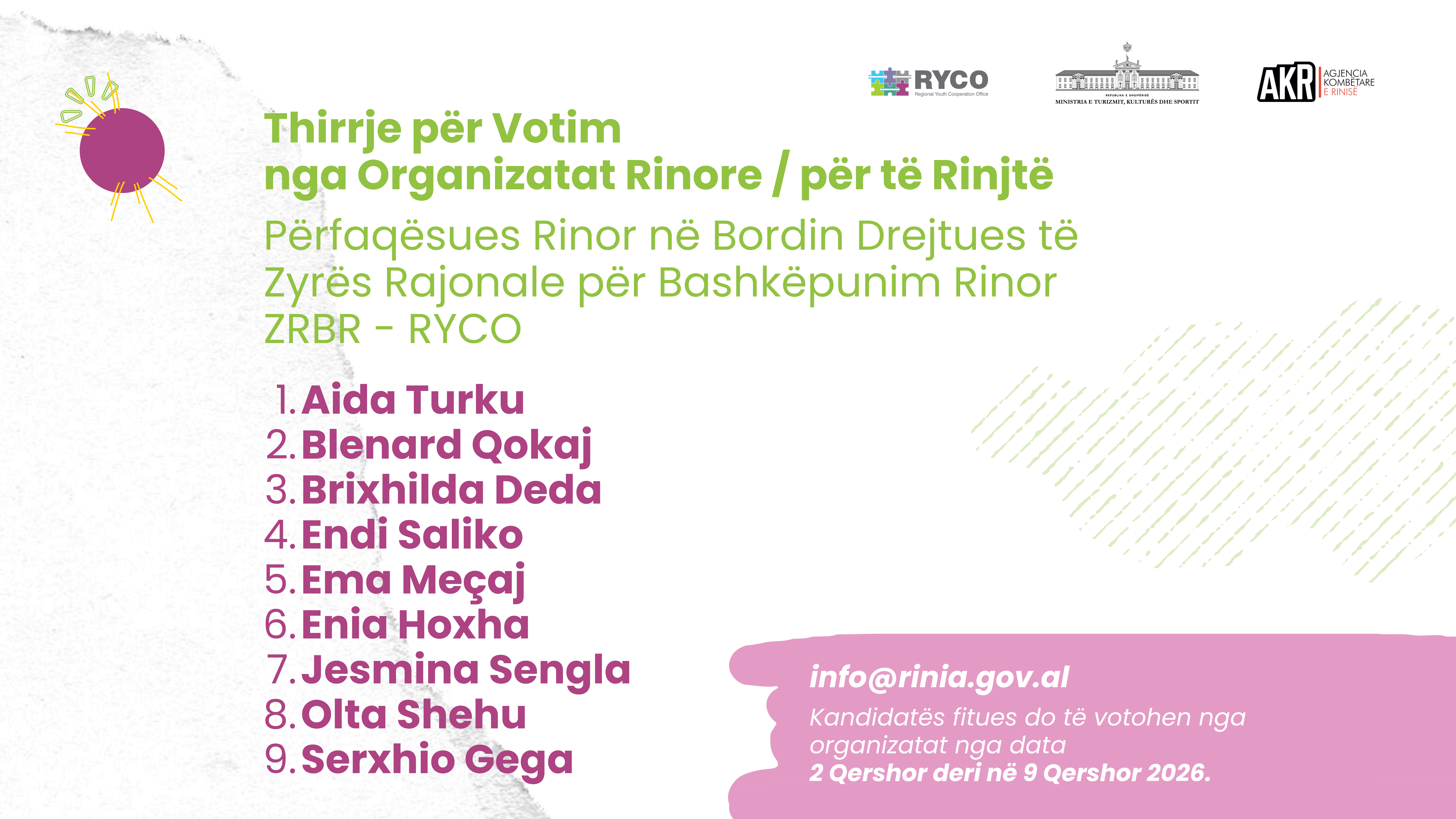 Thirrje për votime nga Organizatat jofitimprurëse Rinore/për të Rinjtë për përfaqësuesin rinor në Bordin Drejtues të Zyrës Rajonale për Bashkëpunim Rinor (ZRBR) 2026